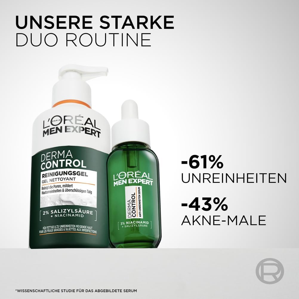 L'Oréal Men Expert Zestaw do pielęgnacji przeciwtrądzikowej dla mężczyzn, zestaw upominkowy z żelem do mycia i serum do zanieczyszczonej skóry, prezent dla mężczyzn z kwasem salicylowym i niacynamidem