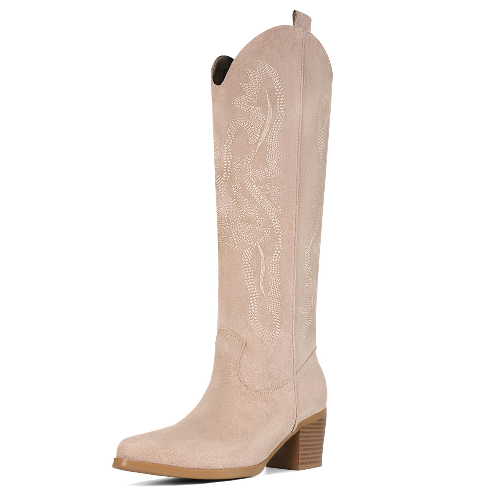 UBWDU Suede Cowboy Knee High Boots Women Pointed Toe Chunky Heel Embroidered Western Cowgirl Boots