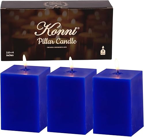 KONNI Juego de 3 velas cuadradas clásicas de pilar azul, velas de pilar sin perfume de 2.8 x 4 pulgadas a granel, velas de 30 horas de combustión,