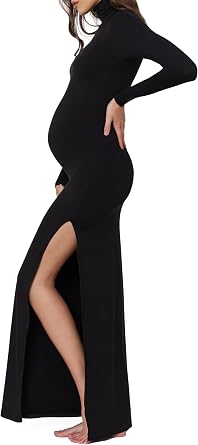 BUMPSUIT Maternity Maxi Dress Thigh High Slit, Women Long Sleeve Soft Stretchable Fabric Turtleneck Bodycon Pregnancy Dress