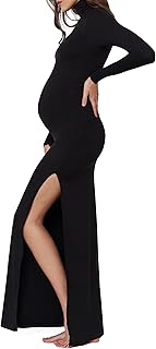 BUMPSUIT Maternity Maxi Dress Thigh High Slit, Women Long Sleeve Soft Stretchable Fabric Turtleneck Bodycon Pregnancy Dress - Buy now