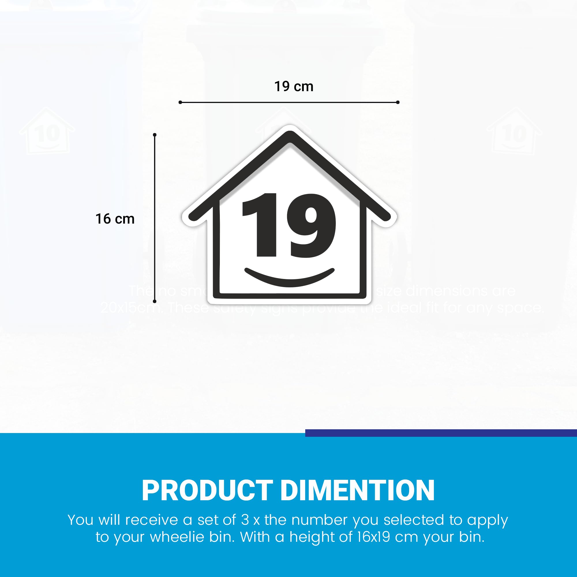 3 x Bin Numbers for Wheelie Bins, 1-99, 15cm ‘Happy House’ Design Dustbin Stickers, Easy Application Stick On Number Stickers - Weatherproof Self Adhesive Vinyl, Black (19) — view 7