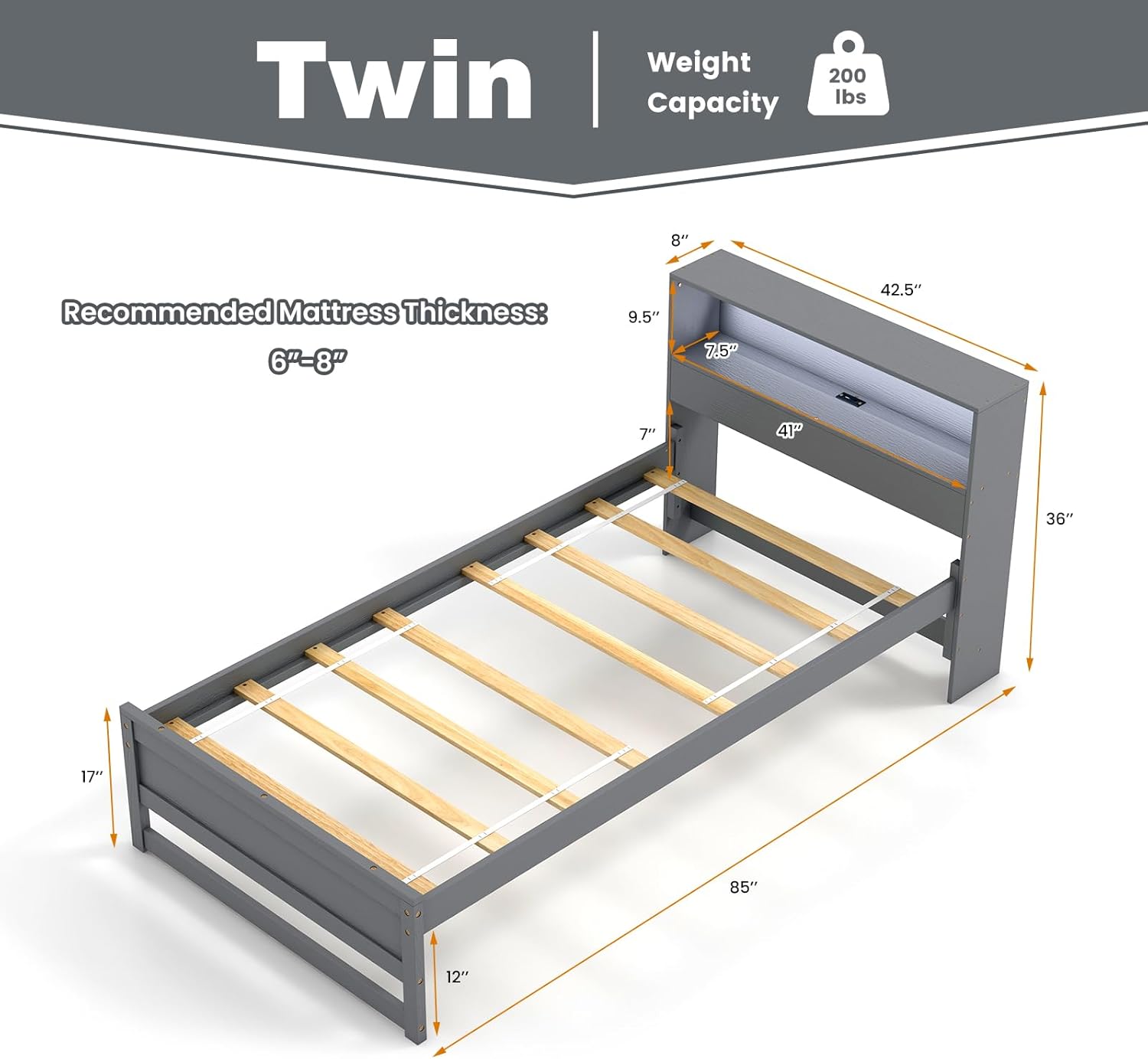KOMFOTT Twin Size Wood Platform Bed Frame with Charging Station & LED Light, Platform Bed with Storage Headboard & 12” Under-Bed Space, No Box Spring Needed Bed Base, Wood Mattress Foundation (Grey)