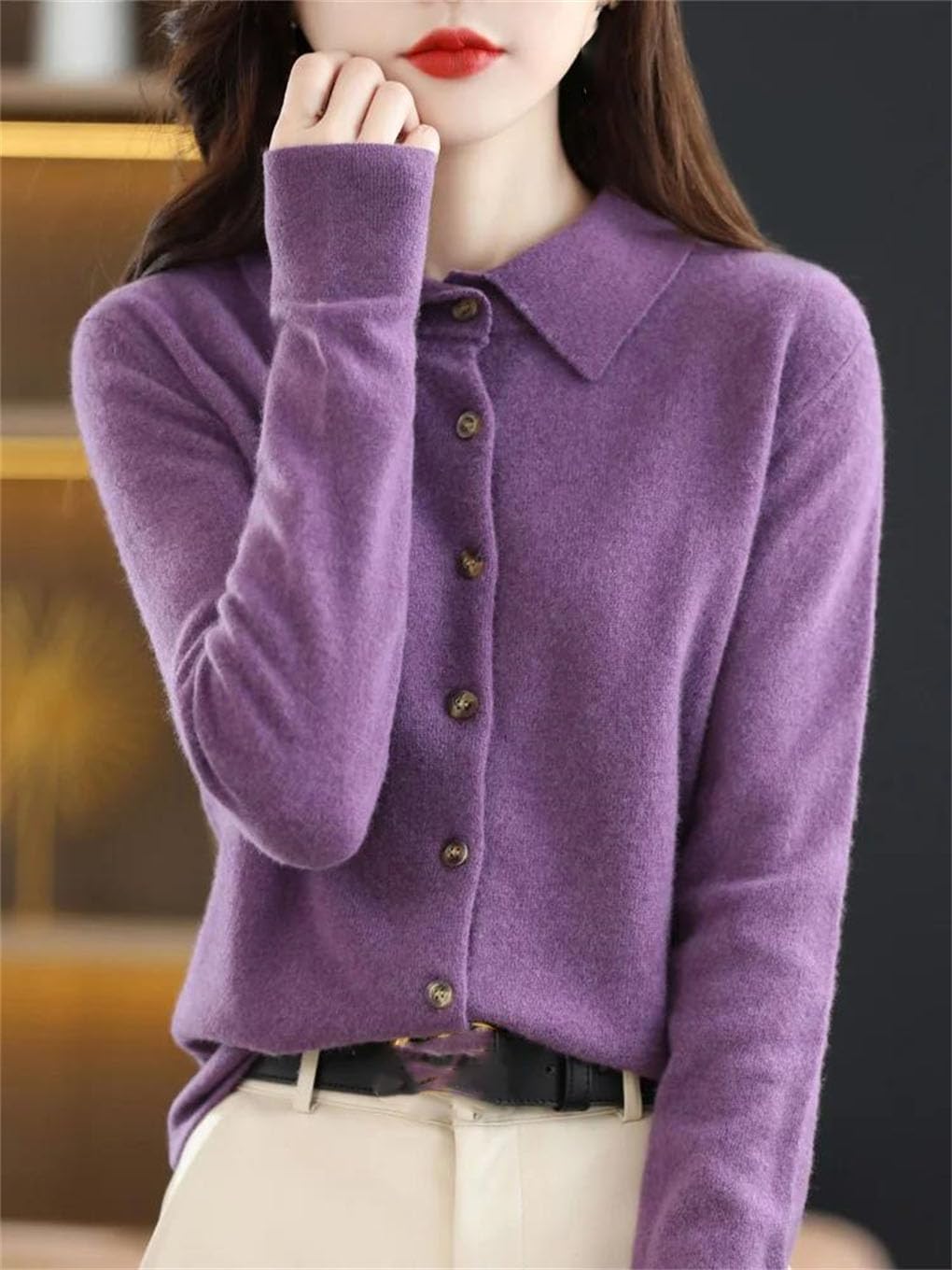 Cardigan da donna in lana merino, a maniche lunghe, con colletto girato