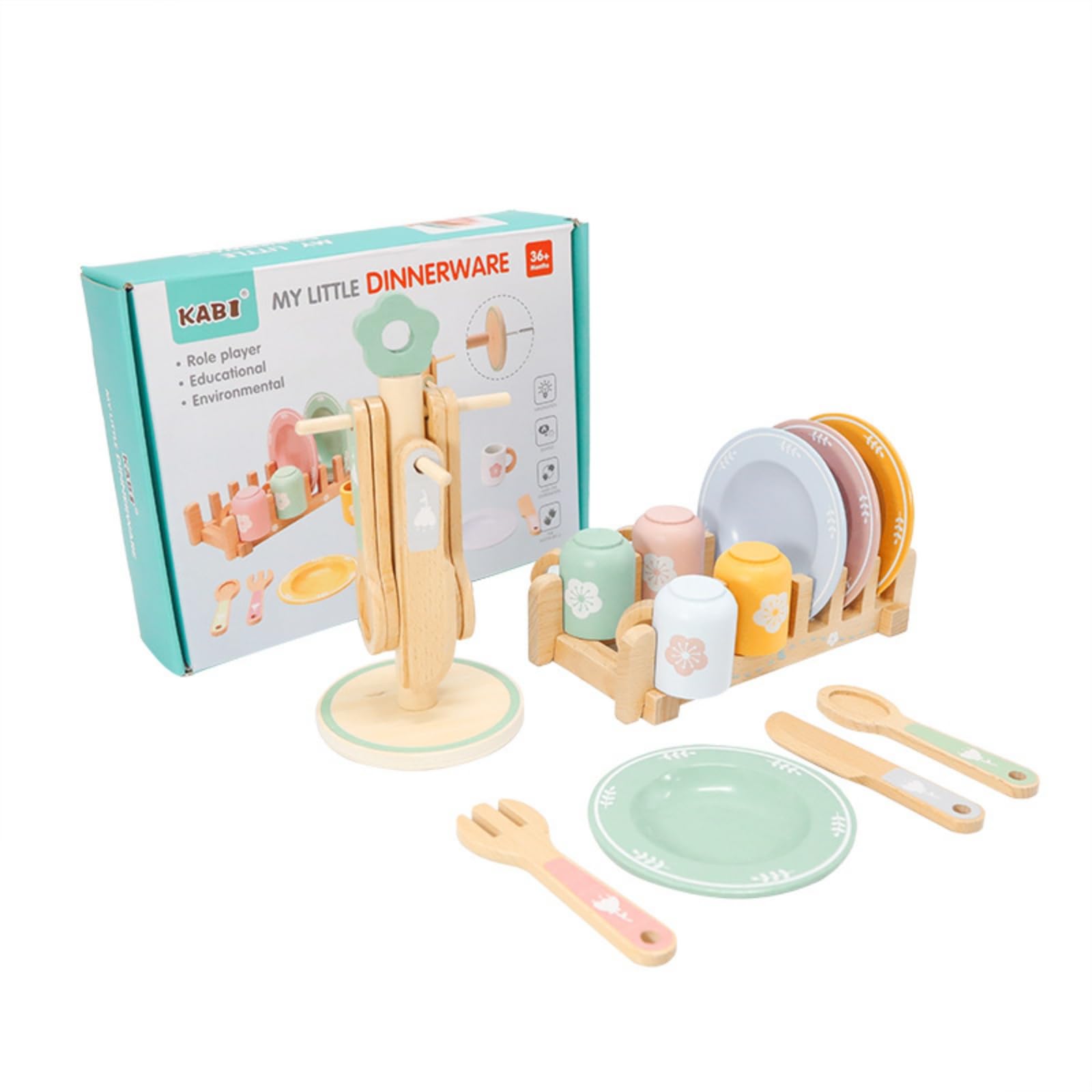 Set Cucina Giocattolo Bambini in Legno Servizio Piatti Bicchieri Posate con Rastrelliera E Supporto Materiale Faggio E Multistrato Adatto a Gioco Immaginazione Casa Aule Cameretta