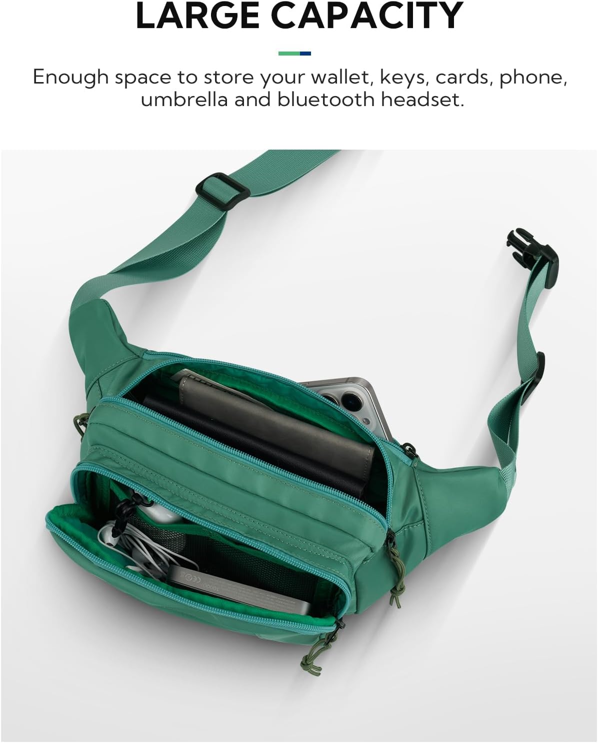 WATERFLY Fanny Pack Waist Packs: Large Crossbody Fanny Packs for Women Men with 5 Zipper Pockets Adjustable Strap Waist Bags Hip Pack for Traveling Cycling Running Hiking-Light Green - Image 3