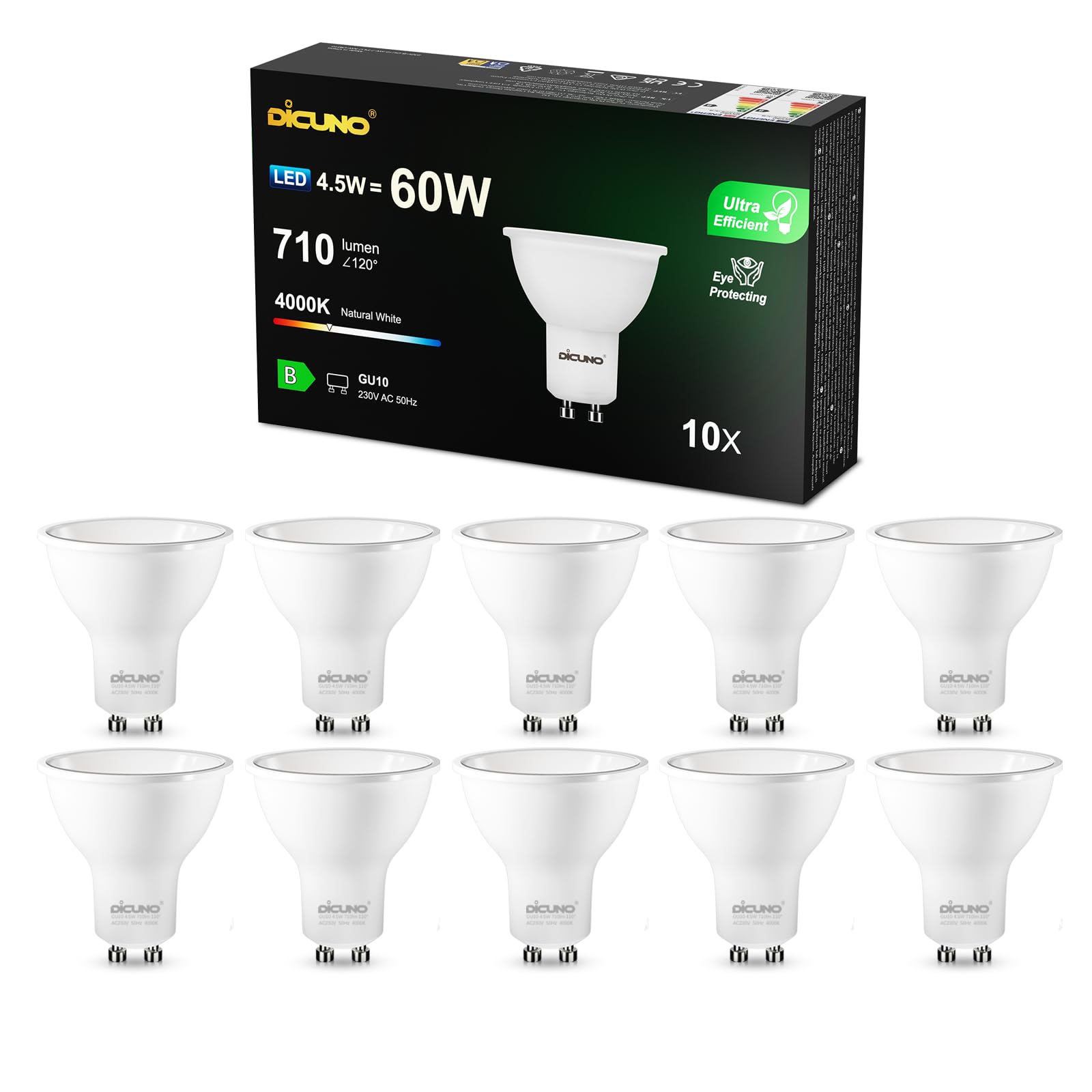 DiCUNO Lampadina LED GU10 Classe B, 4.5W Equiv. 60W, 4000K, 710lm, 10 Pezzi | Bianco neutro, Non dimmerabile, Fascio largo 110°, Faretto LED GU10 per faretti da incasso, plafoniere e vetrine