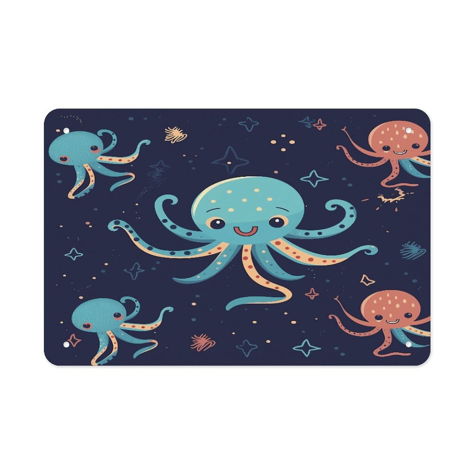 Cartoon Octopus Metal Tin Sign 12"x8" Wall Art Prints Poster Decorative Picture Metal Signboard Decor Painting Folded Edge Iron Sheet Painting with Holes for Wall Decor