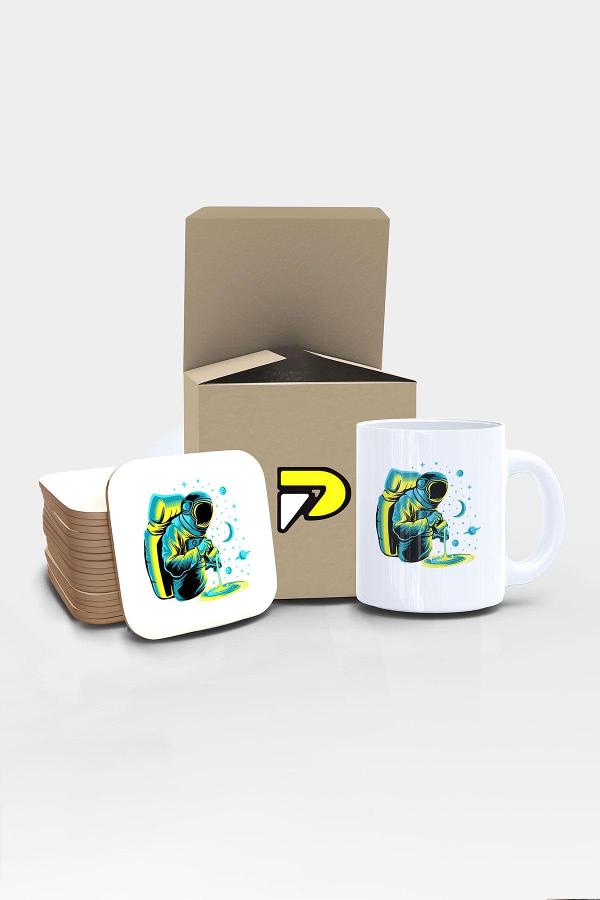 Postermanya Astronot Barista Uzay Tasarımlı Baskılı Kupa Bardak Seti, Eğlenceli Özel Hediye Mug