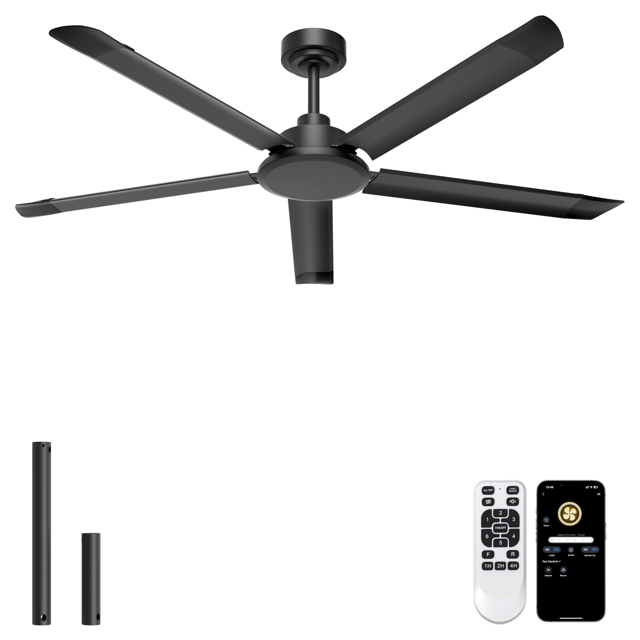 Photo 1 of Ohniyou 60'' Ceiling Fan No Light, Black Industrial Ceiling Fan with Remote/APP, Aluminum Blades, 6800 CFM DC Motor for Patios, Living Room, Shop, Garage