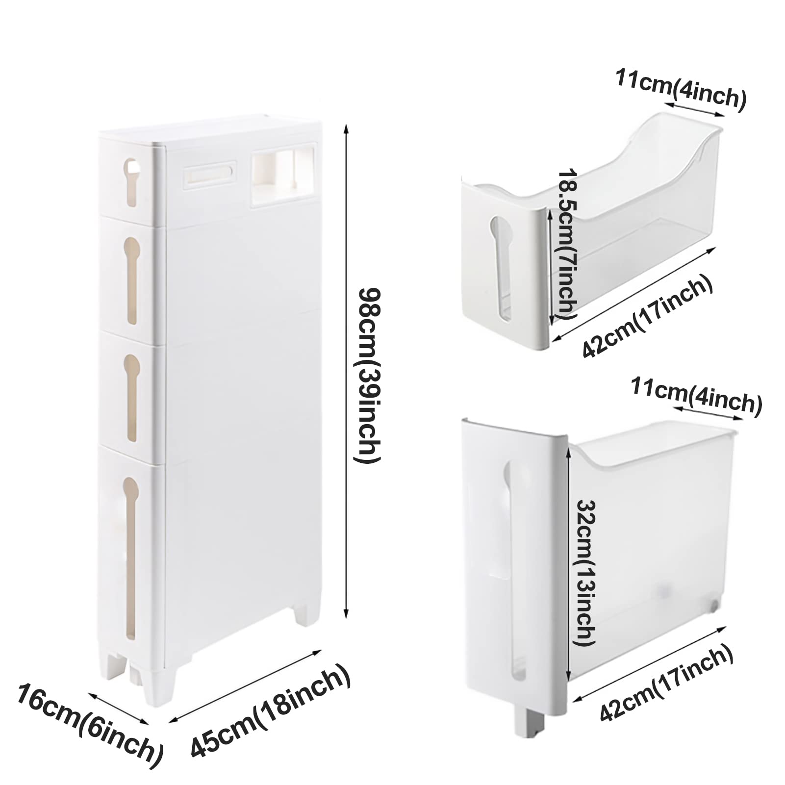 Cassettiera sottile con 4 cassetti e 2 rotelle, grande capacità, armadio da bagno stretto per spazi vuoti, armadietto laterale per WC, armadio ad angolo alto