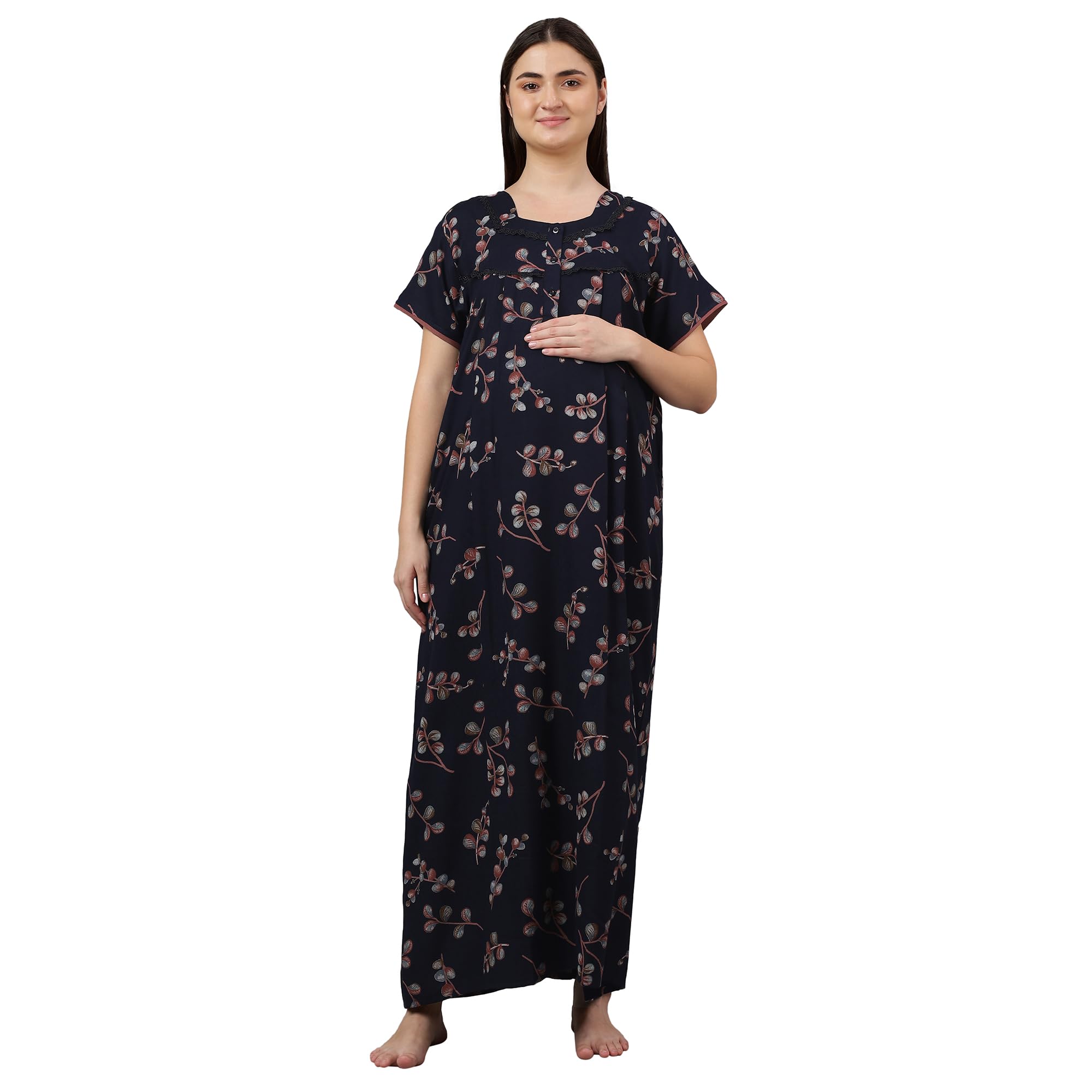 Navy Blue Botanical Printed Short Sleeves Cotton Alpine Feeding/Nursing Long Nighty - L-image-49