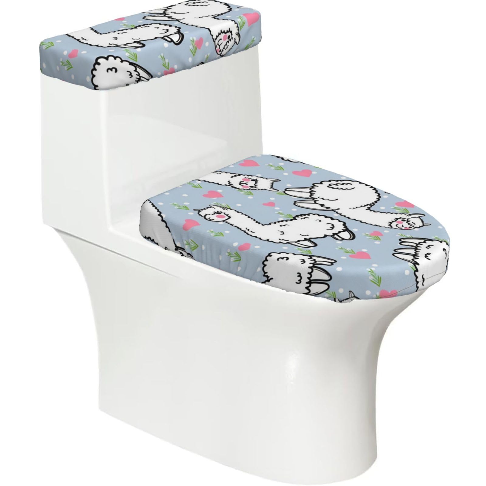 Wzycwb Black Cartoon Alpaca Heart 2-Piece Toilet Seat Cover Set With Tank Lid, Elastic Fit For U-Shape & Elongated Toilets, Bathroom Decor, Housewarming Gift