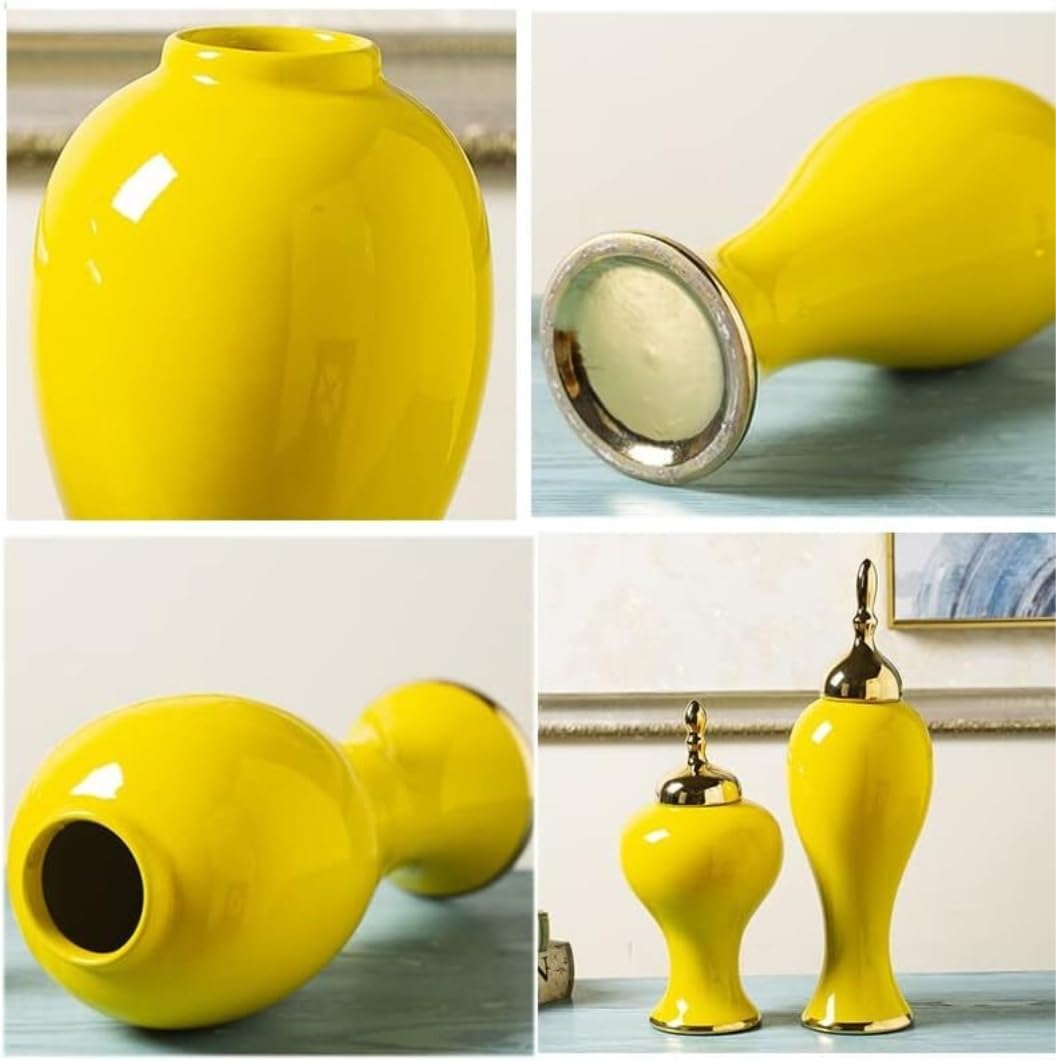 Dekoracyjny słoik na imbir, ceramiczny wazon na imbir ze złotymi wykończeniami, żółty porcelanowy słoik do przechowywania, wazon, słoiki na imbir z pokrywką, słoik do przechowywania (A 15 * 45)