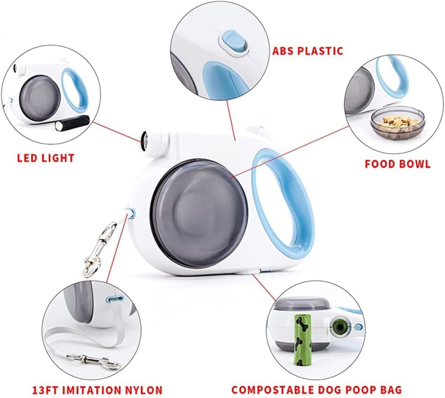 Cavo Retrattile per Cani 5 in 1, Guinzaglio Estraibile 4M per Cane Grande Medio Piccolo Fino a 50kg con Ciotola, Torcia, Sacchetti per Feci, Blocco e Freno a Un, Green