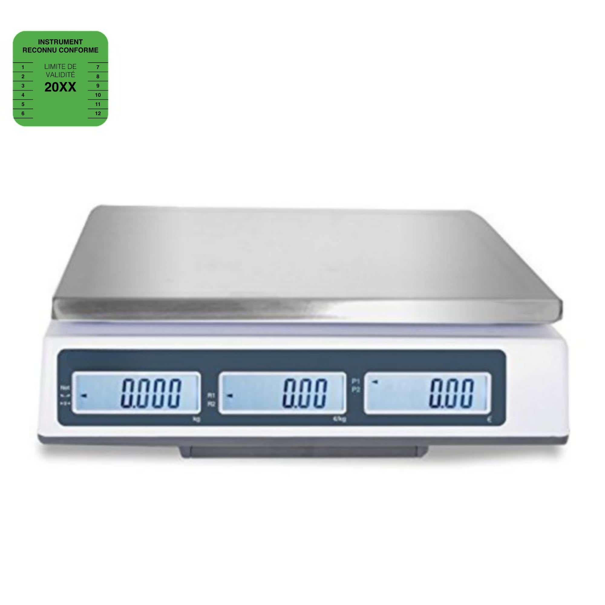 Bilancia peso/prezzo omologata per il mercato - vignetta verde e taccuino metrologico - portata 15-30 kg per 5-10 g di precisione - batteria ricaricabile 130 h