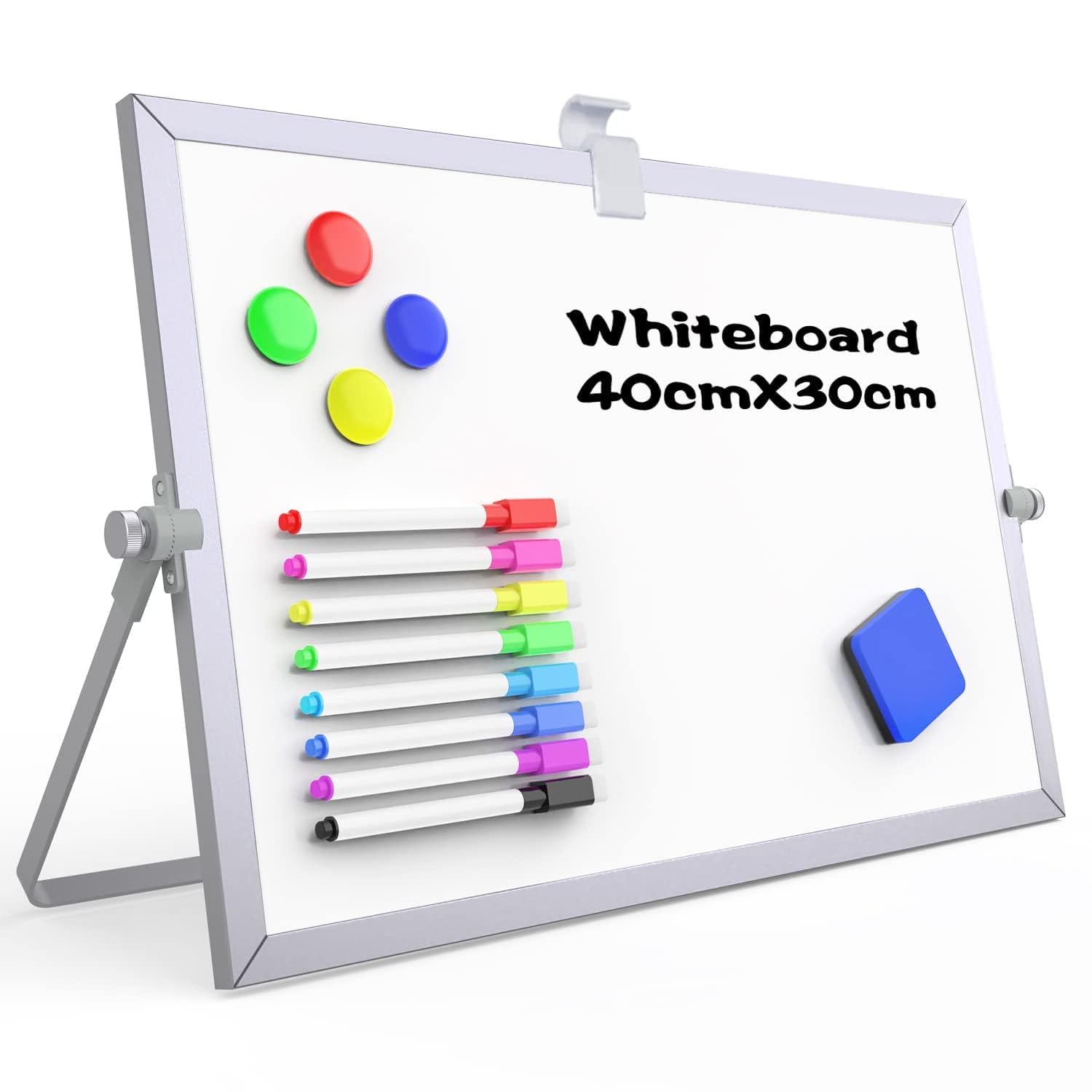 OWill Tableau Blanc Magnétique A3 (30x40cm) avec Cadre Aluminium et Support Ajustable,Petit Tableau de Bureau Double Face pour Télétravail,Cuisine et Mémo,Inclus 8 Marqueurs,Brosse et Aimants