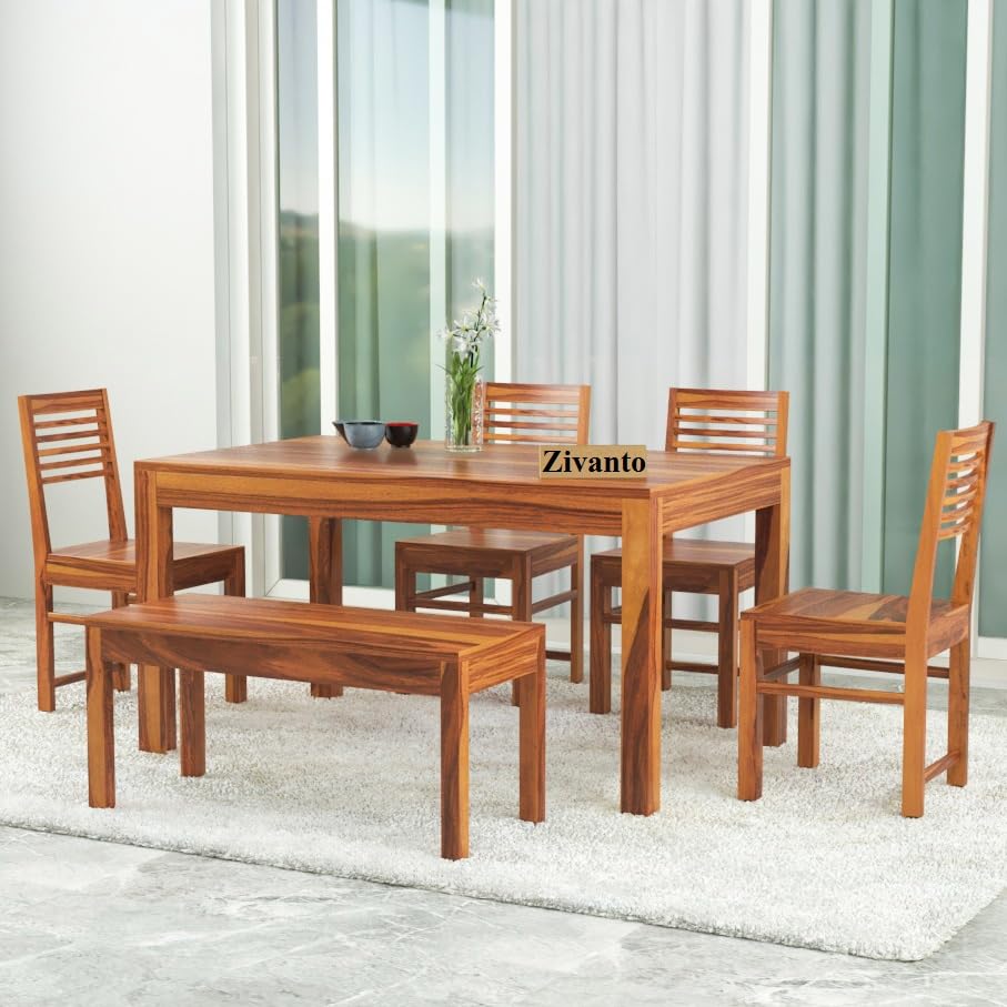 Image of Sheesham Wood Dining Table 6 Seater | Rectangle Six Seater Dinning Table with 4 Chairs & 1 Bench for Home | Wooden Kitchen Dinner Table 6 Seater | Dining Room Sets for Restaurants, Teak Finish