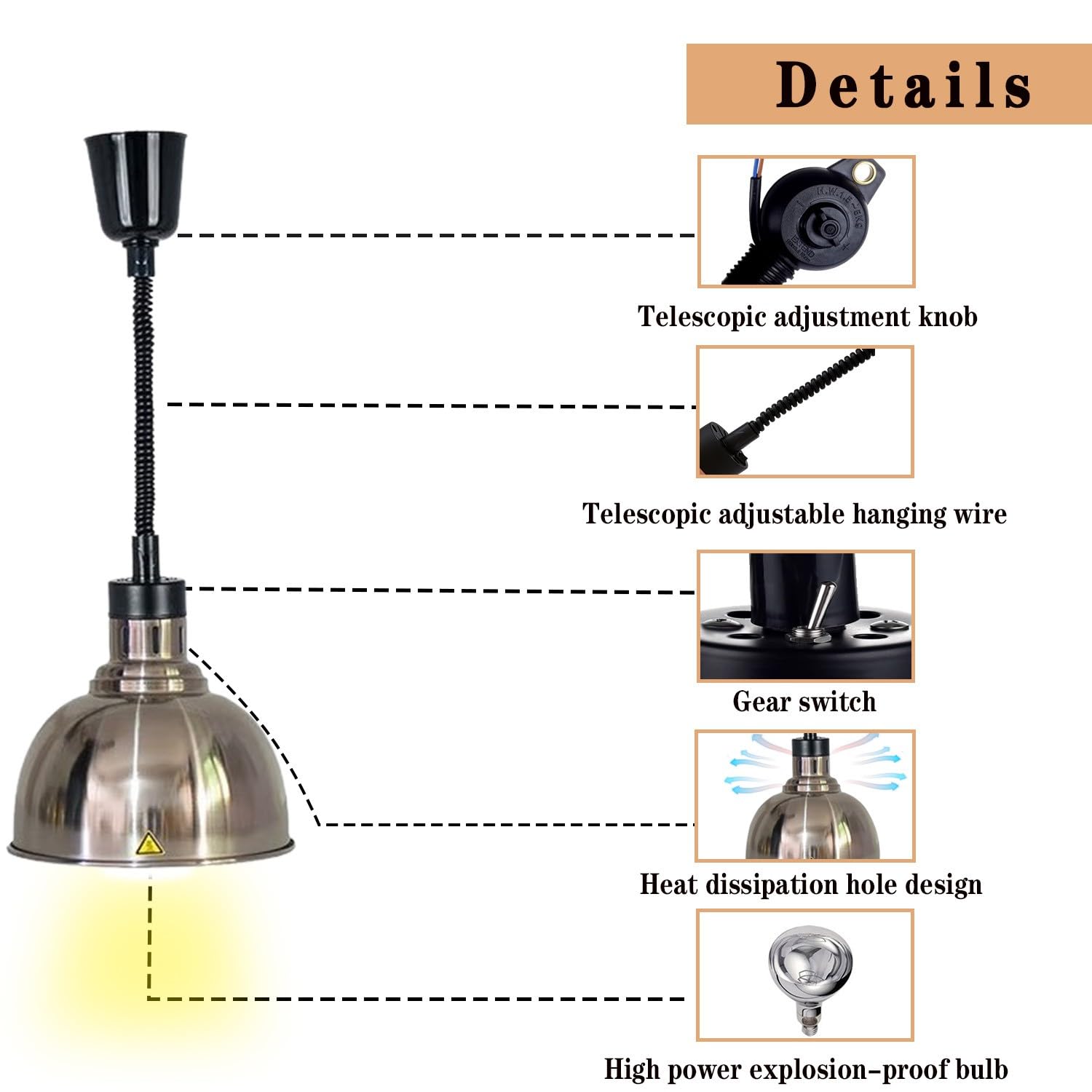 Lámpara de Calor de Alimentos Suspension para Cocina, Restaurante | Lámparas de Calentamiento de Alimentos Extensible, 250W Lampara Calor Cocina, 25cm Lampara Calienta Platos Cocina y Buffets