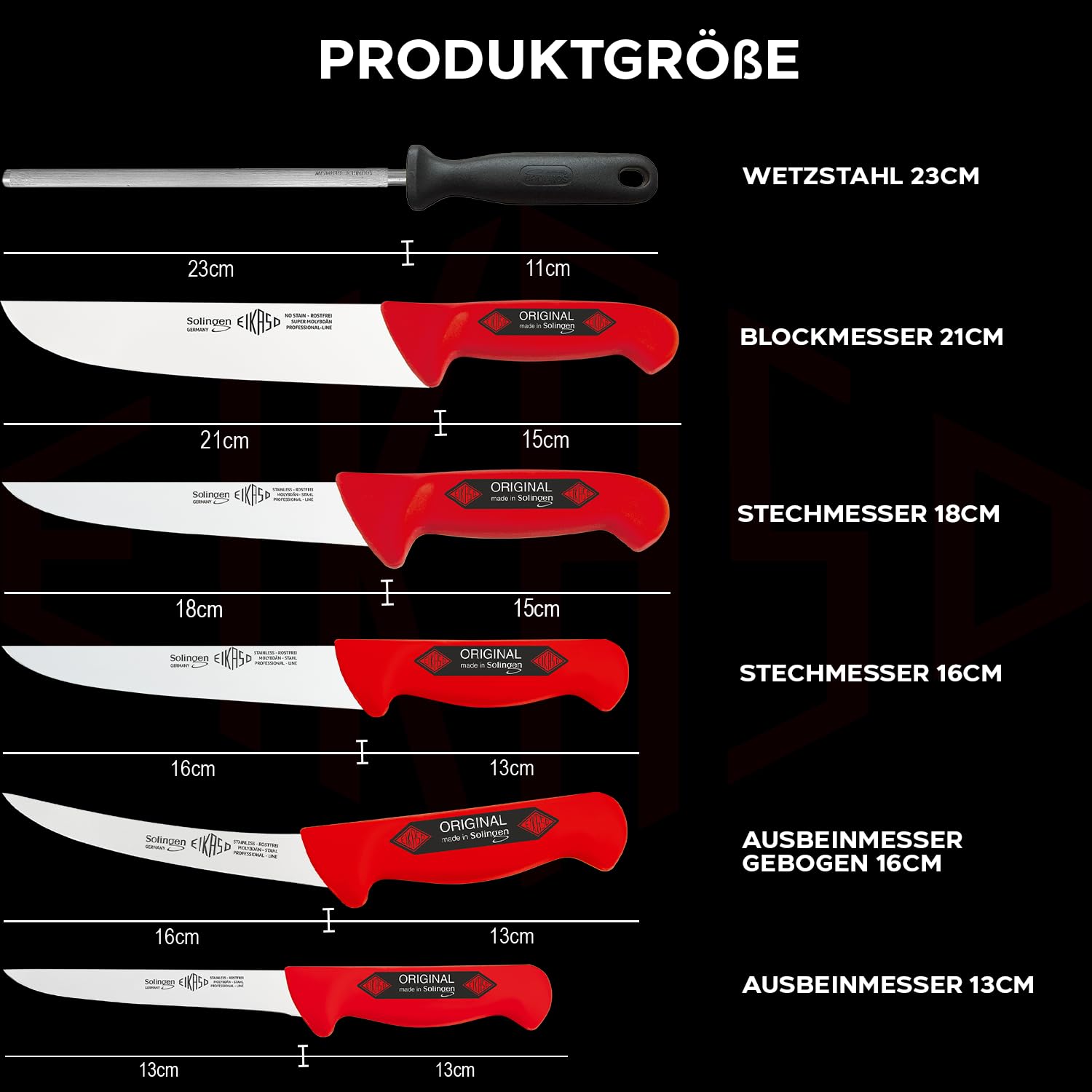 EIKASO Solingen Germany 6-Teiliges Profi Messer Set geeignet als Metzgermesser Fleischermesser Schlachtermesser Ausbeinmesser & Kochmesser (Rot)