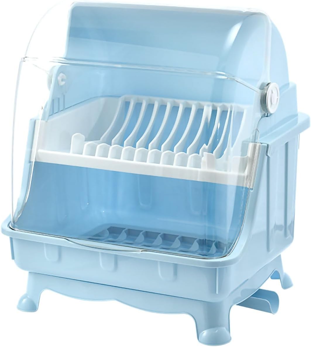 Kitchen Tableware Storage Box Multifunctional Dish Drainer Rack with Lid Cover (Blue)