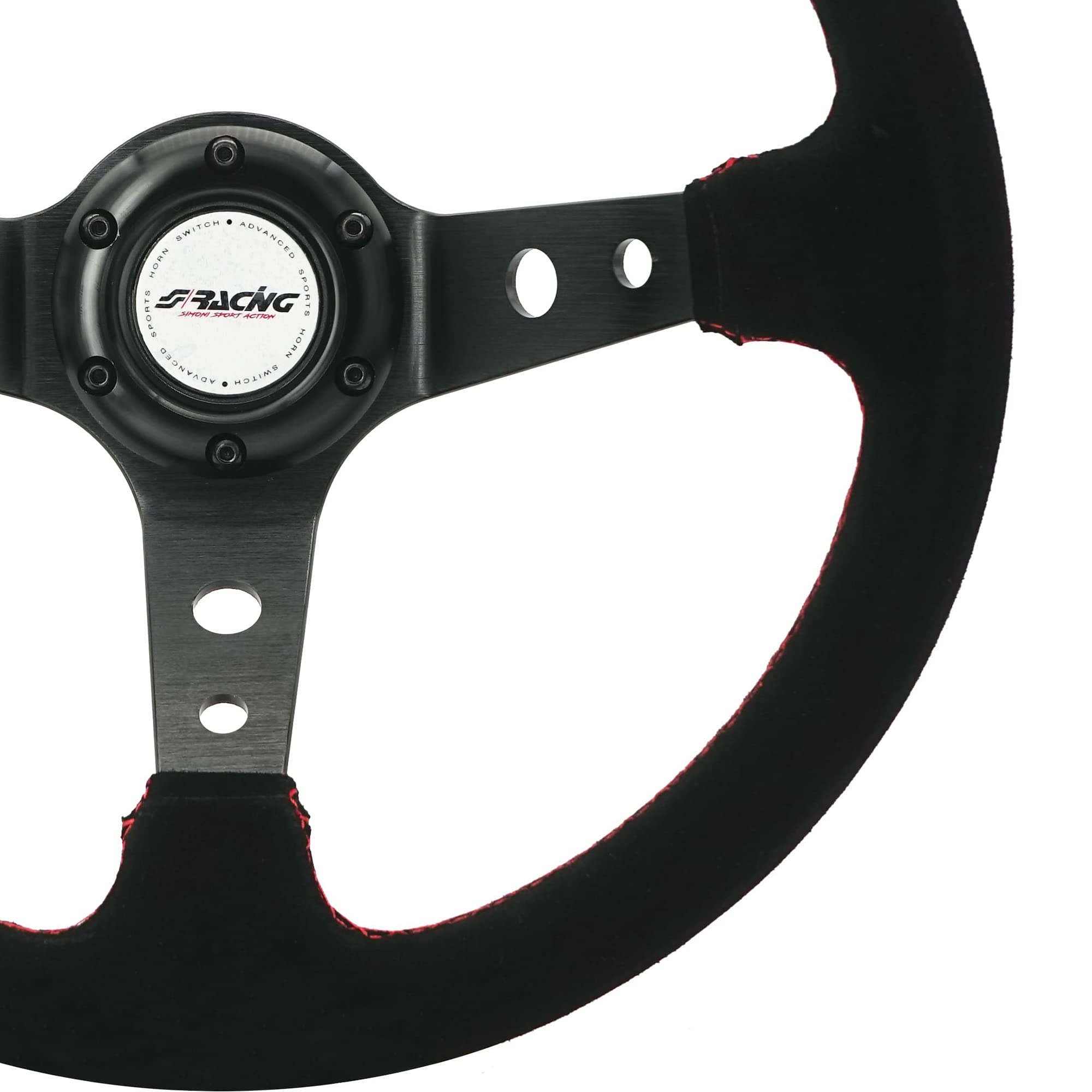 Simoni Racing Volant Universel Pitlane - Suède Noir + Couture Rouge - Diamètre 350mm