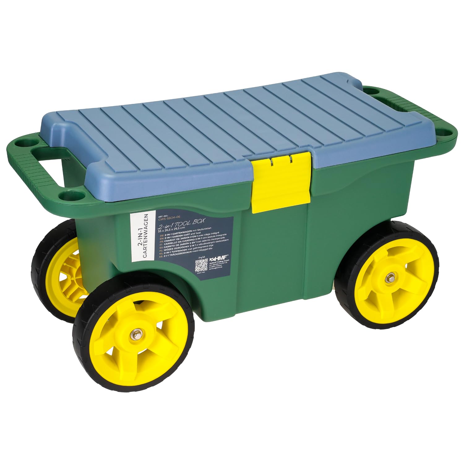 HMF Carrello da giardino 2 in 1 con seduta e vano portaoggetti, sgabello da giardino con ruote grandi, sedile girevole per giardinaggio fino a 100 kg, 55 x 26,5 x 29,5 cm, verde