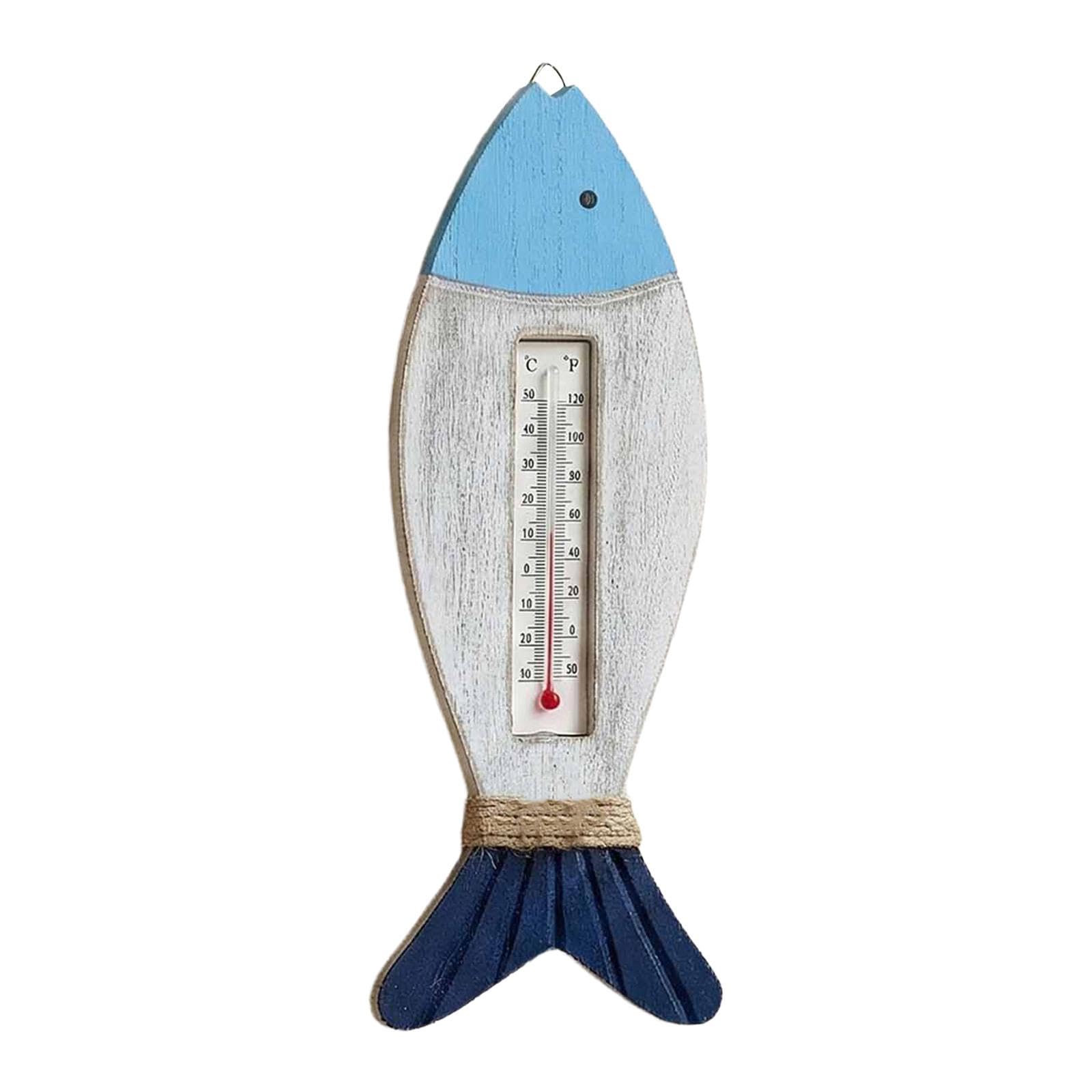 RoaQinFo Wooden Wall Thermometer, Nautical Theme, Decorative Wall Sculpture, Original Indoor/Outdoor Temperature Gauge, Hanging Ornament for Bedroom, Multi, Fish 29.5x11cm