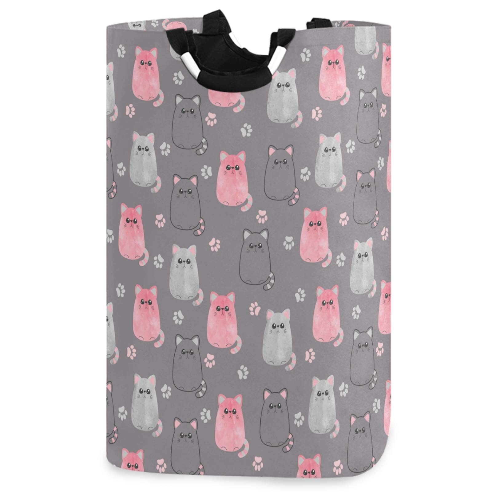 visesunny Cute Cats Grey Large Laundry Hamper with Handle Foldable Durable Clothes Hamper Laundry Bag Toy Bin for Bathroom, Bedroom, Dorm, Travel