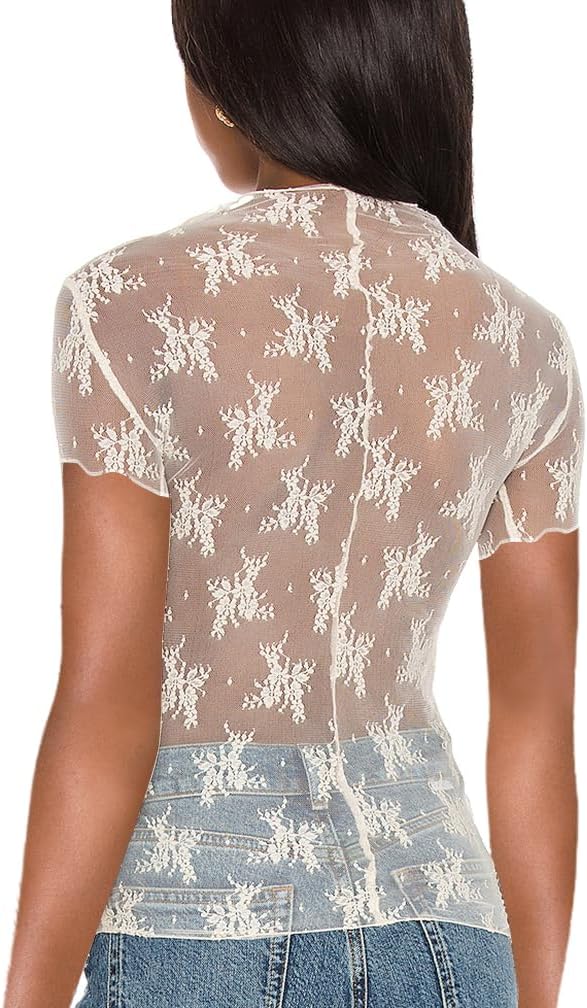 Women Short Sleeve Mesh Top Mock Neck Sheer Floral Lace Tee Top Party Summer Slim Fit Sexy See Through T Shirt - Image 6
