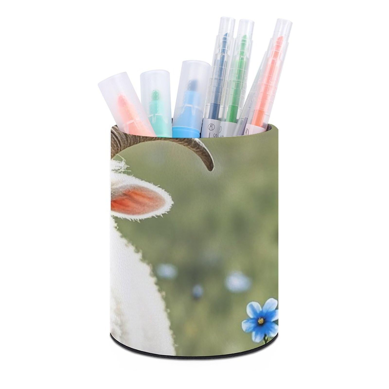 FekiLoot PU Leather Round Pen Holder Sheep Pencil Holder Desk Organizer Pen Organizer Pen Cup Pencil Cup Caddy Desktop Stationery Organizers for Office Home Supplies