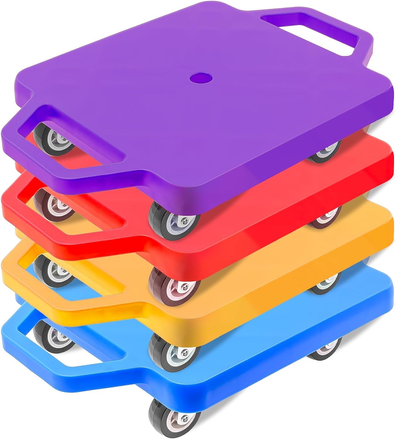 4 Pack Floor Scooter Board with Handles, Colored Sitting Scooter for Kids, Plastic Sport Scooters Play Equipment for Gym, Class, Physical Education, Indoor Outdoor Activities