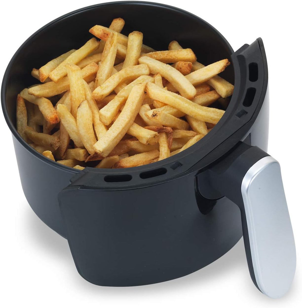 Air fryer basket filled with golden-brown french fries
