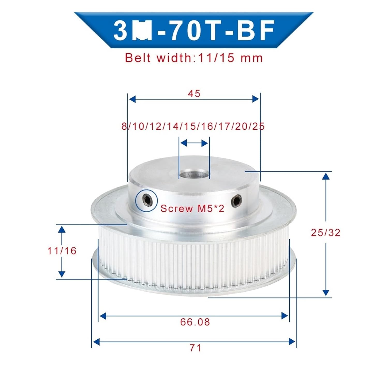 Timing Pulley 3-die-70T BF Shape Inner Hole 8/10/12/14/15/16/17/20/25 mm Alloy Pulley with 3-die Timing Belt Width 10 mm(25x8x3.3 mm)