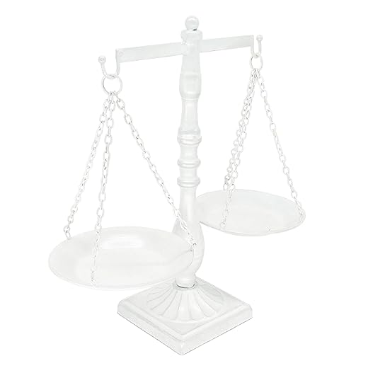 Owlgift Vintage Metal Libra Jewelry Towers Display Cosmetic Organizer Storage, Scale Centerpiece Stand, Antique Jewelry Storage, Farmhouse Candleholder Display – White, 12“ W x 12“ H