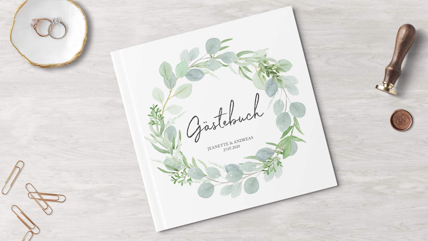 Gästebuch Hochzeit - personalisiert - Hochzeitsgästebuch, Hardcover 21x21 cm (Inhalt mit weißen Seiten, Eucalyptus Green Love)