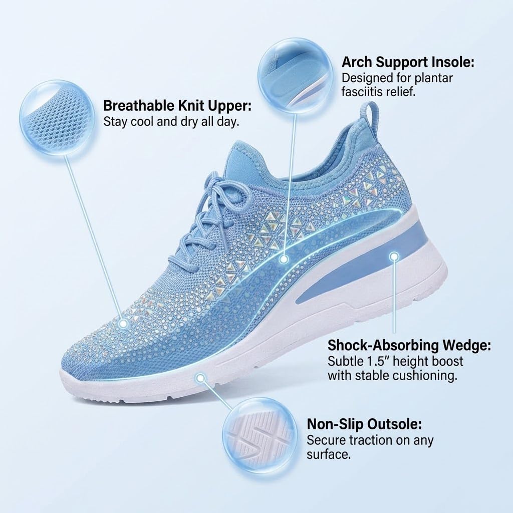 Scarpe da ginnastica ortopediche comode da donna, con zeppa e strass scintillanti, in rete traspirante, con supporto per arco scintillante, scarpe da passeggio per matrimoni eleganti, Azzurro, 39.5 EU
