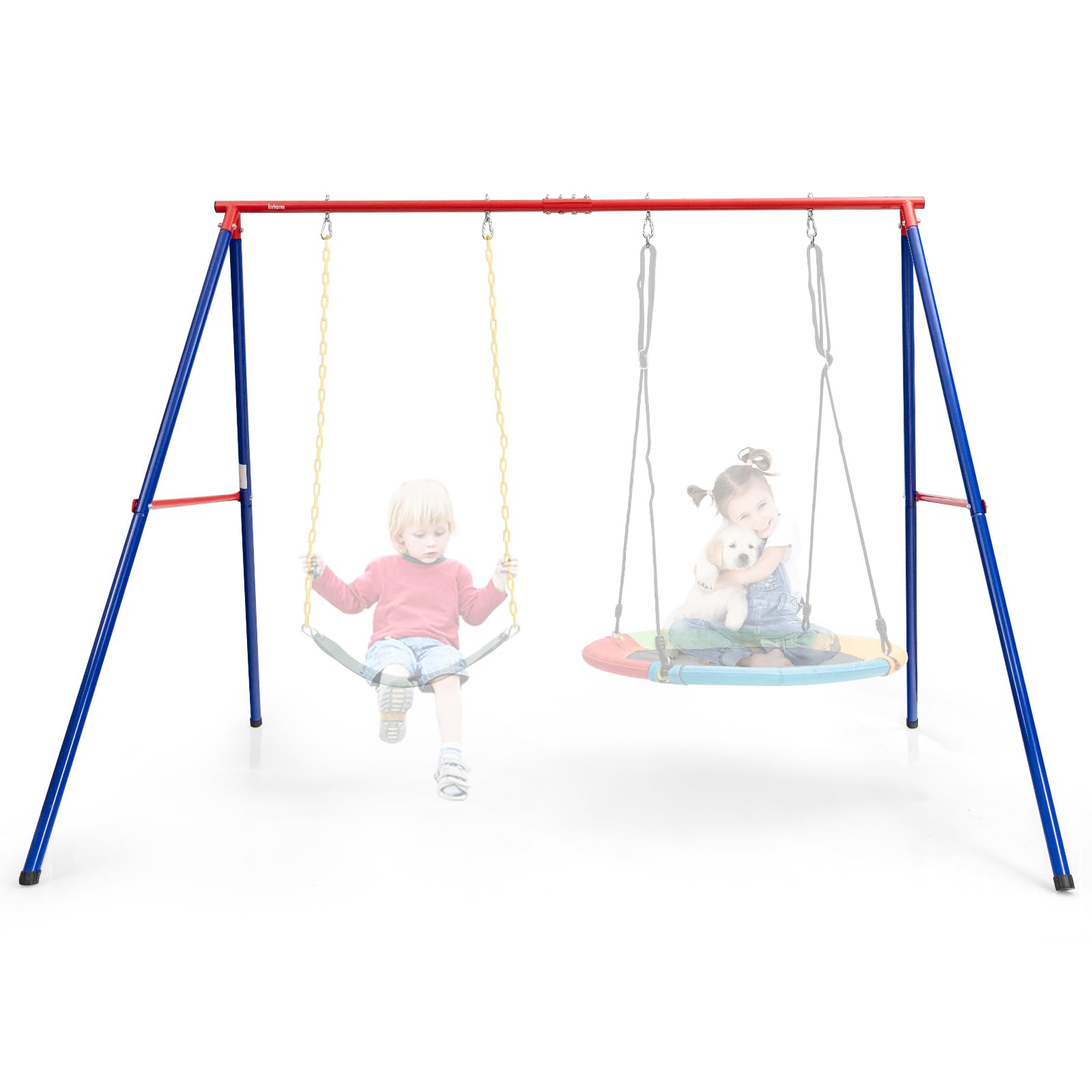 GYMAX Telaio per Altalena a 2 Posti, Supporto per Altalena a Telaio con Barra di Supporto, Piedini e Piedini Antiscivolo, Giunti Interni dei Tubi Rinforzati, Rosso+Blu