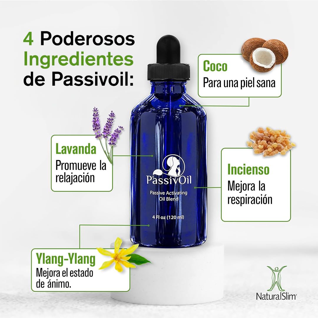 PassivOil - Aceites esenciales para el cuidado de la piel, aromaterapia, relajación y metabolismo - Aceite de grado terapéutico con aceite de coco, aceite de resina de incienso y ylang-ylang - 120 ml | Se puede extender o masajear sobre la piel como un ac