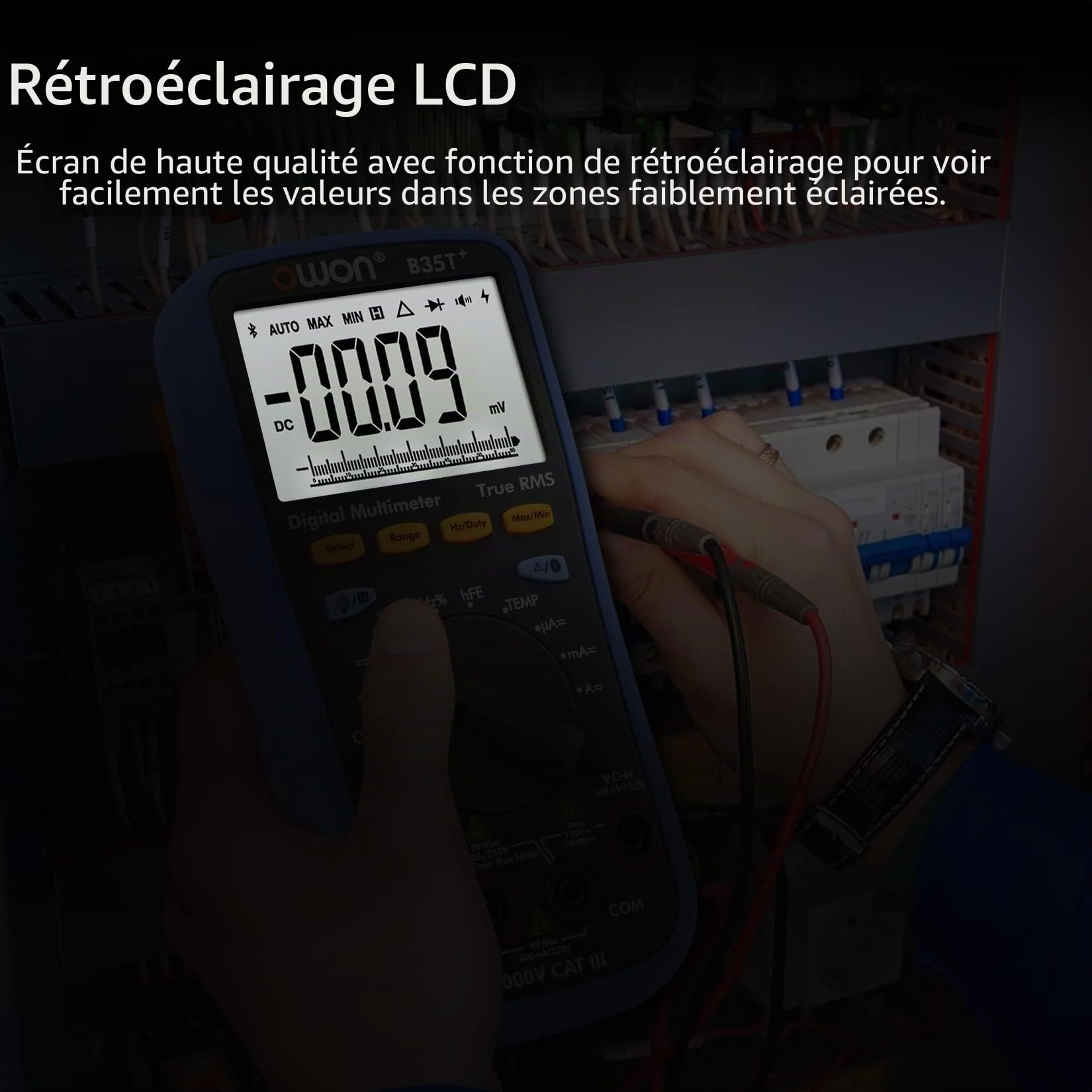 OWON B35T+ Multimètre numérique Bluetooth, 6000 comptages multimètres, Voltmètre Ampèremètre Ohmmètre Vérificateur de circuit avec fils de test LCD rétro-éclairés, Enregistreur de données T-Rms NCV