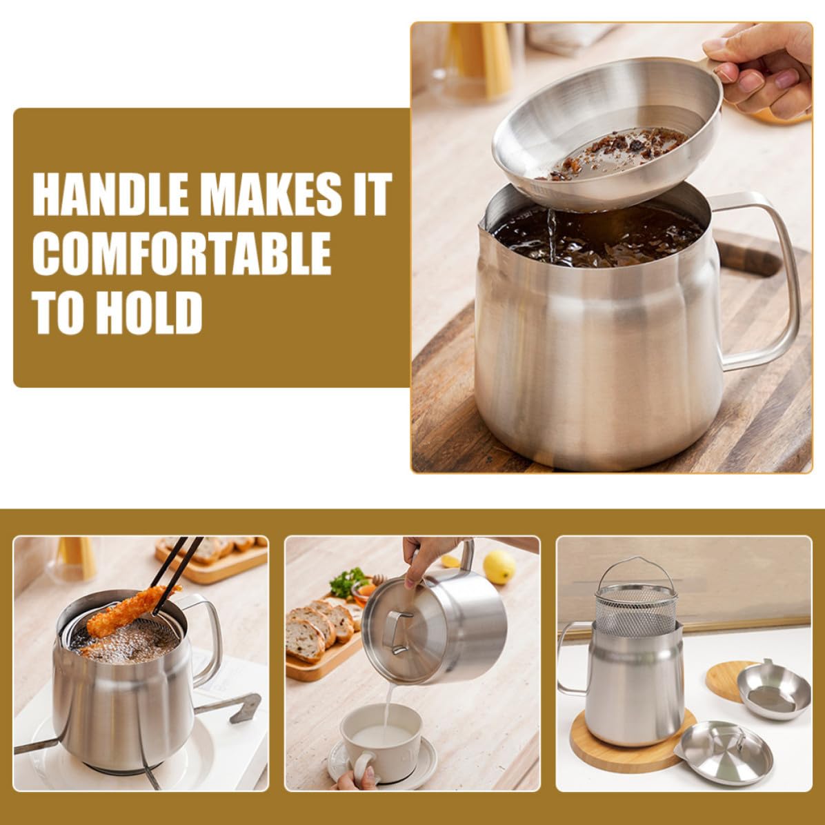 SHINEOFI Jarra de Aceite de Acero Inoxidable de 2l Filtro y Cesta para Freidora, Contenedor de Grasa para Cocina Familiar y Restaurante, Resistente y Fácil de Limpiar