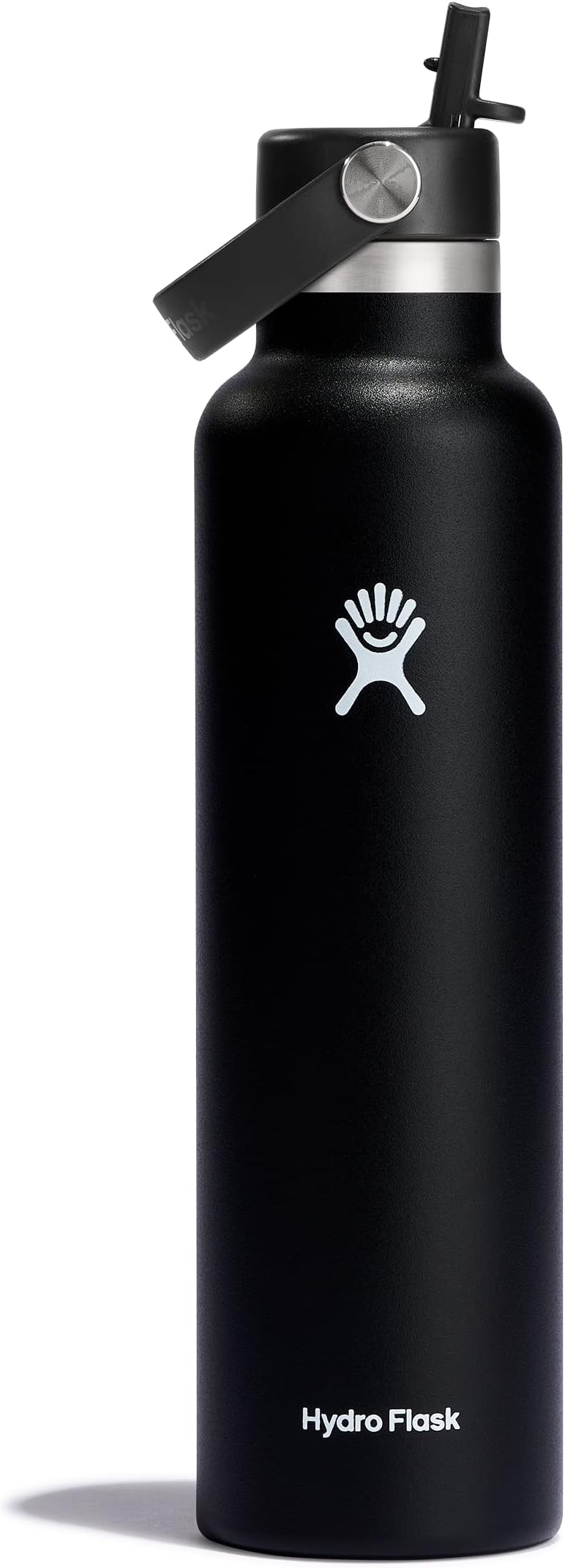 Water Bottle 709 ml (24 oz) with Flex Straw Cap - Vacuum Insulated Stainless Steel Reusable Water Bottle - Leakproof Lid - Hot and Cold Drinks - Standard Mouth - BPA-Free - Black