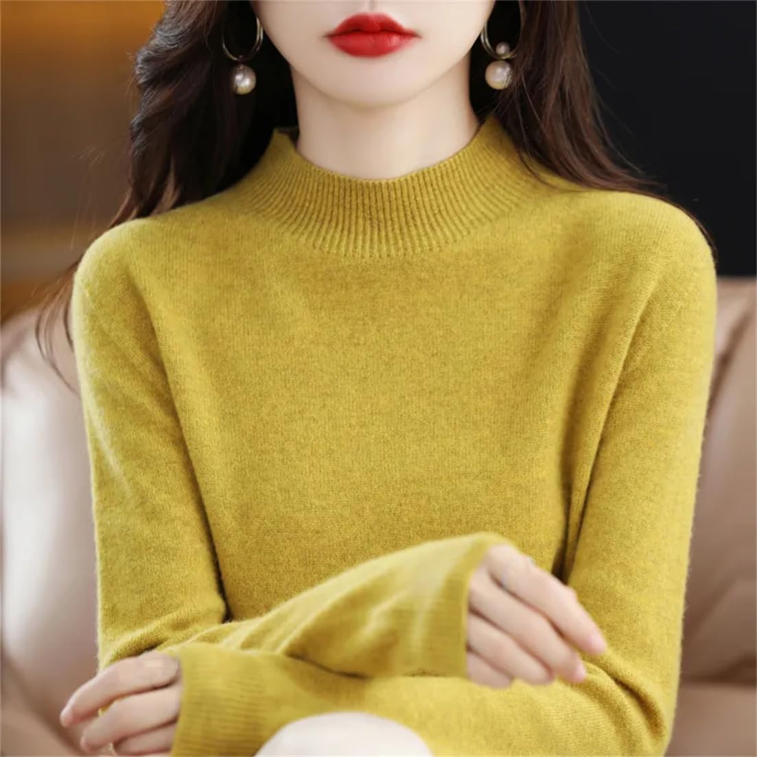 Suéter De Punto De Cachemira De Lana Merino para Mujer Jersey De Manga Larga con Cuello Alto
