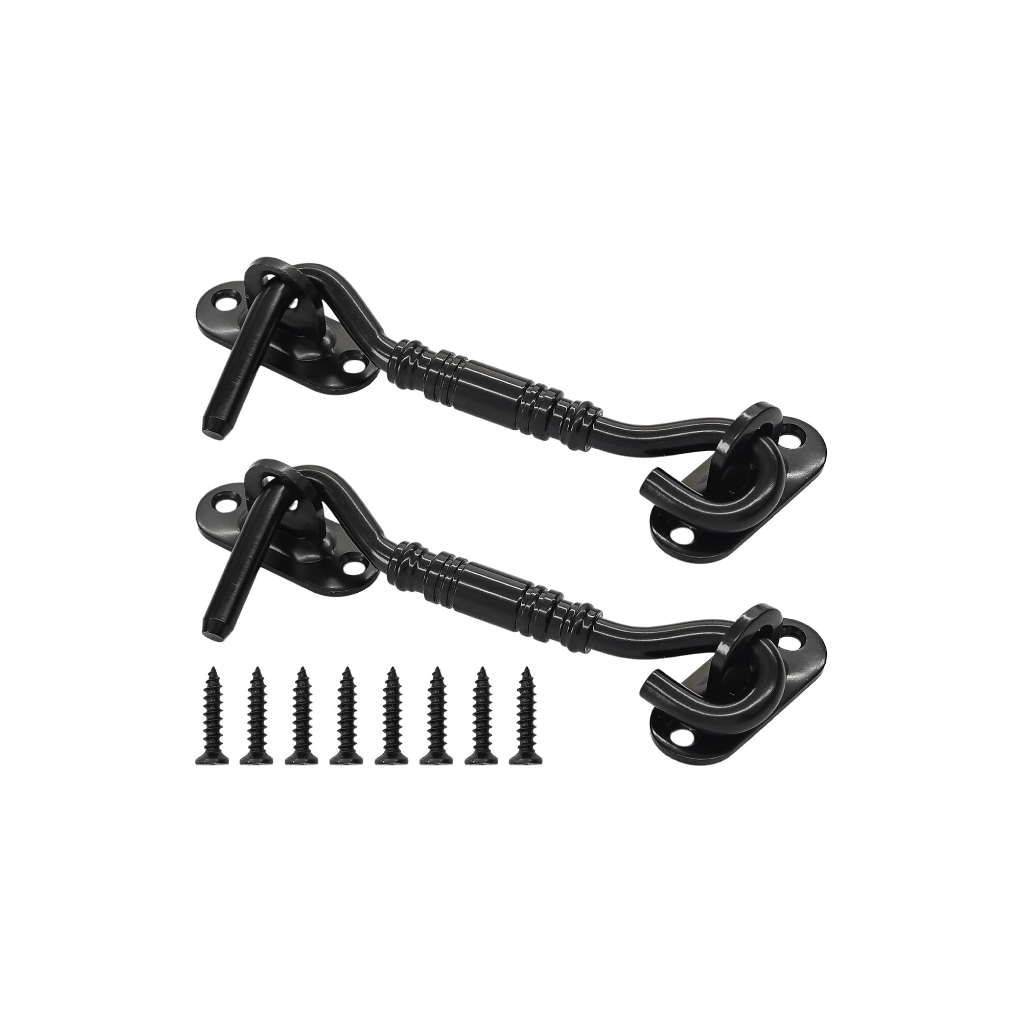 2pcs 4” heavy duty hook and eye latch, stainless steel barn door lock gate latch with screws for sliding door window shed cabin bathroom privacy lock, black
