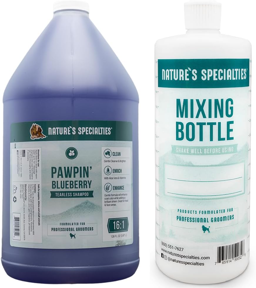 Nature's Specialties Mixing Bottle and Dog Shampoo Concentrate Bundle, Easy to Read Measurements Mixing Bottle 32 oz, Pawpin' Blueberry Dog Face and Body Wash Concentrate 1 gal