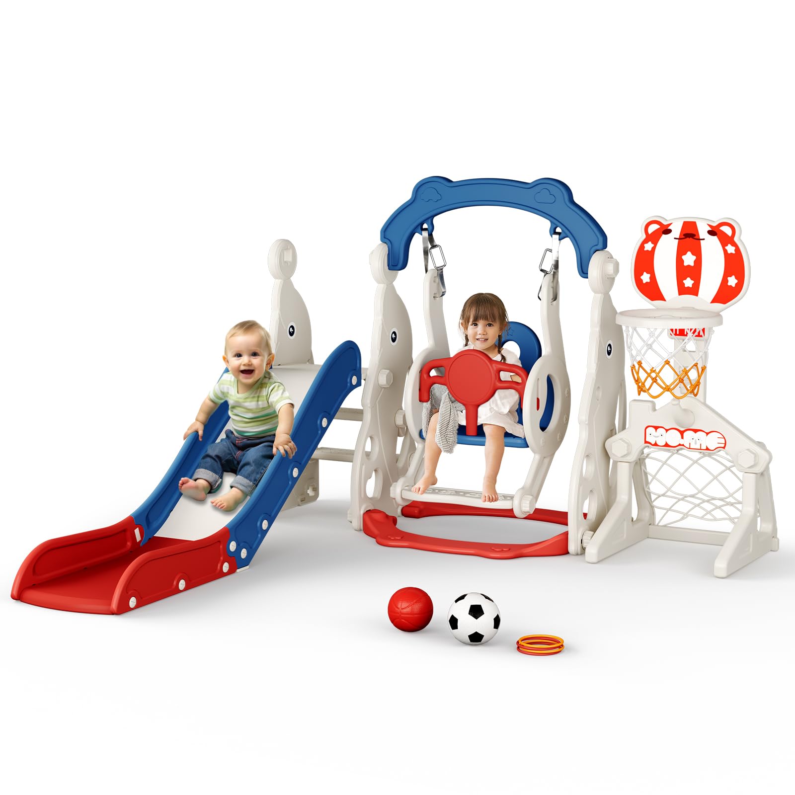 Tobogán infantil grande con cesta de baloncesto, estructura de escalada de jardín, telescopio, espacio de almacenamiento para 1-3 años, extra largo 1700 mm (fútbol + baloncesto 4 cestas +