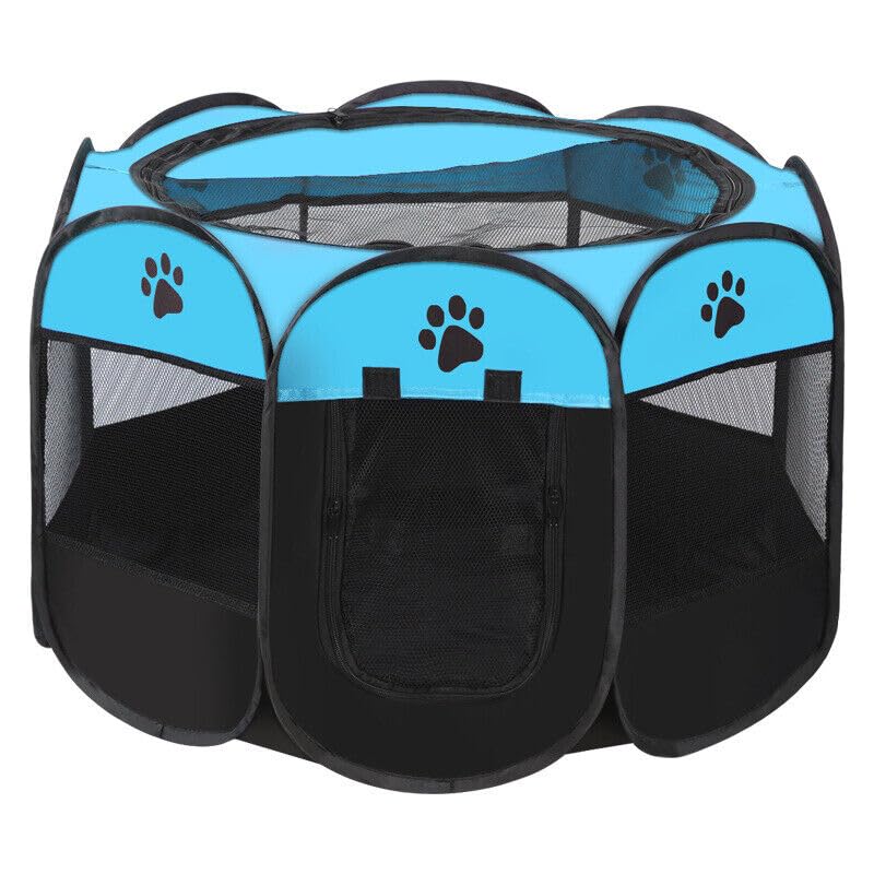 GA COMMUNICATIONS Portable Pet Playpen, Foldable Dog Cat Cage Indoor Puppy Play Pen, Breathable Mesh Pet Carrier Kennel Soft Tent For Large Dogs Travel Puppies Playpens (Blue/Black, 91 * 91 * 58 cm)