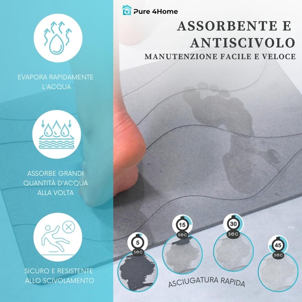 Pure 4Home Tappeto Bagno Diatomite Antiscivolo 60 x 39 cm | Tappetino Doccia Super Assorbente Asciugatura Rapida | Pietra Naturale Antimuffa | Diatomite Stone Bath Mat (Gray Waves)