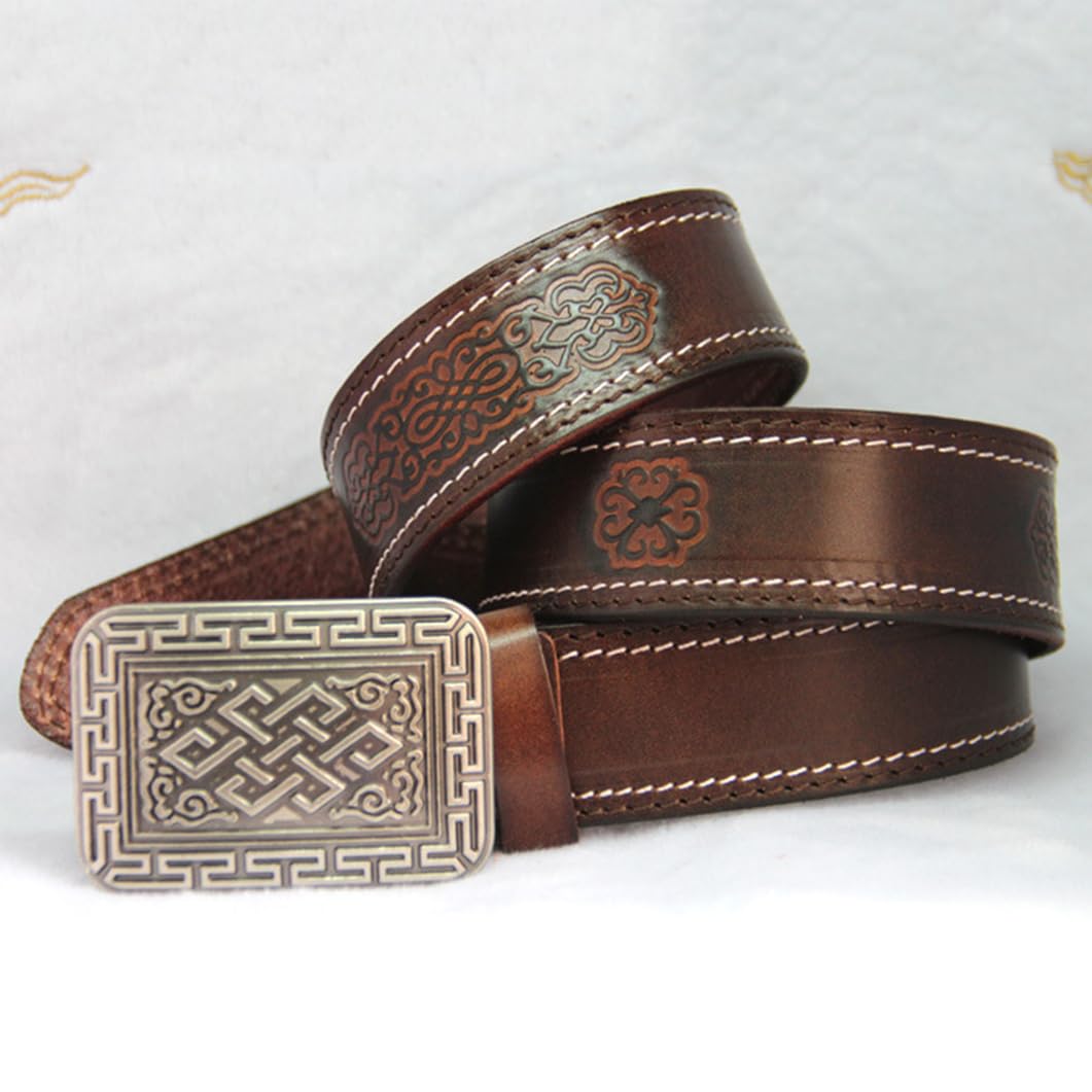 Donna Uomo Cintura Cucita Vera Pelle Vintage Western Cinturino con Stampa Country Fibbia Quadrata Argentata Fiore Inciso(125cm/49, Brown)
