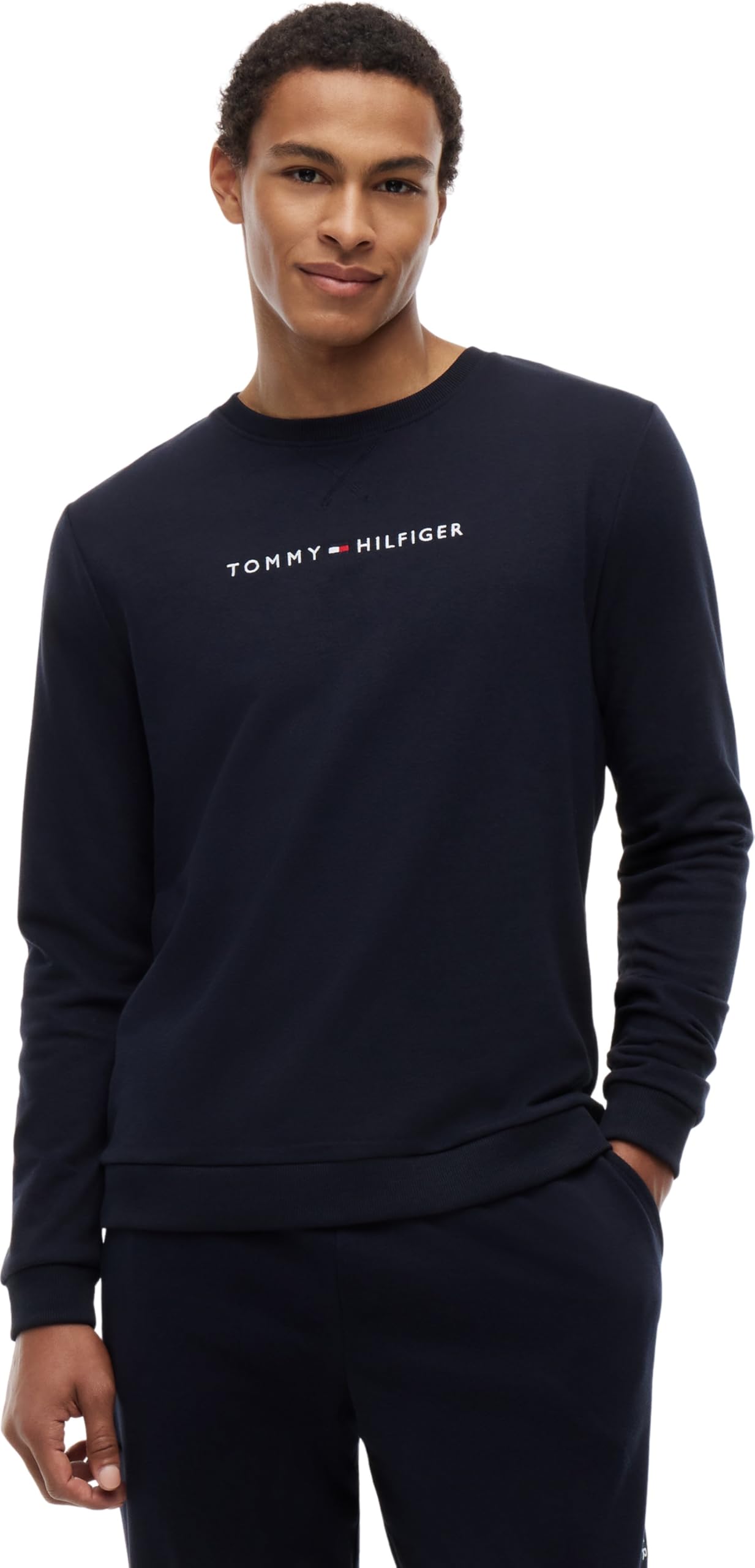 Tommy Hilfiger Linear Logo Loungewear Sweatshirt- Navy, Navy, Size 2Xl, Men